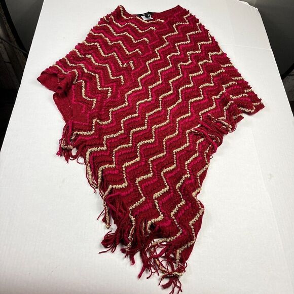 BCBGMaxazria Womens Poncho Sweater Zig Zag Print Fringe Shawl Wrap Cozy Cape OS - Picture 1 of 11